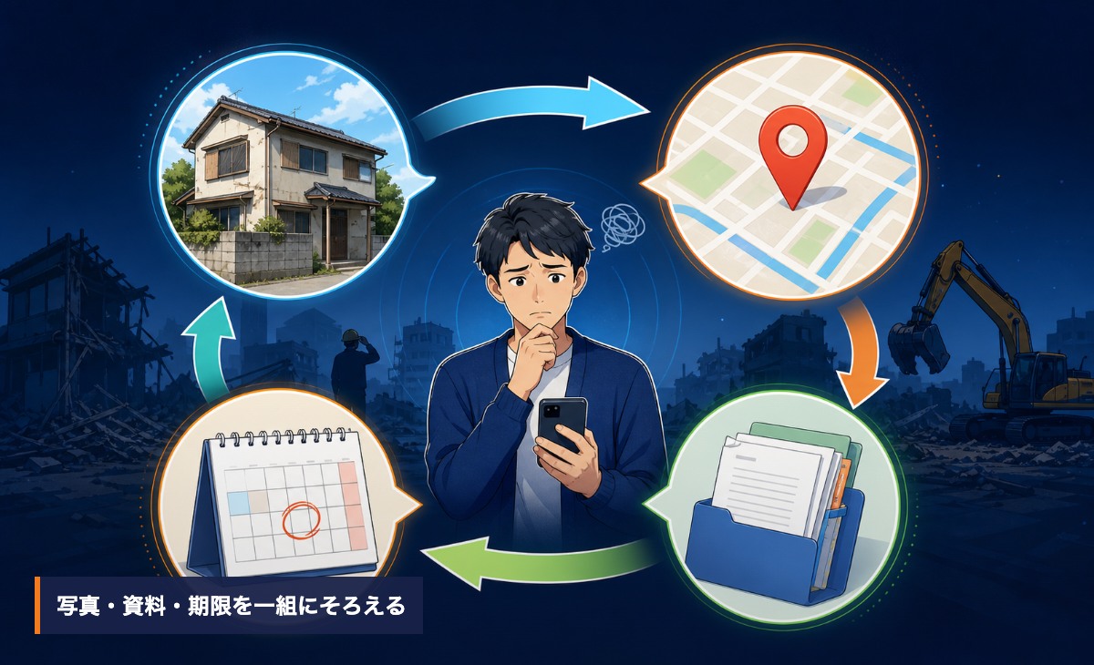 所有者が建物写真と資料をそろえて解体業者へ急ぎの条件を伝える様子