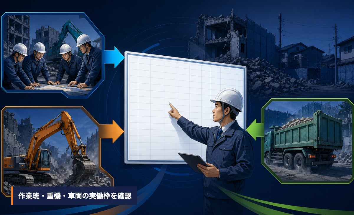 作業開始前に担当者が作業員と車両配置を工程表で確認する様子