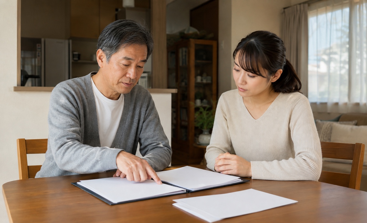 空き家の解体補助金について所有者と家族が書類を確認する様子